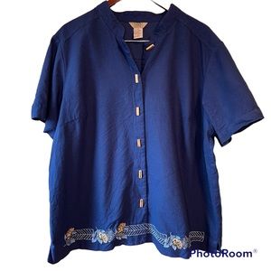 Teddi Women's Wood Button Up Embroidered Beaded Blue Shirt 1X